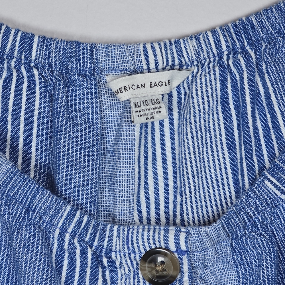 American Eagle Linen Blend Cropped Button Up Front Tie Top Stripe Puff Sleeve XL - Picture 2 of 9